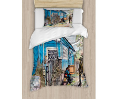 Hand Drawn Humans and House Duvet Cover Set