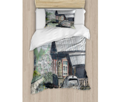 Parked Car Village House Duvet Cover Set