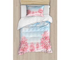 Blooming Sakura Trees Scene Duvet Cover Set