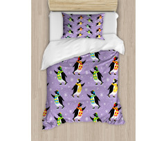 Penguins Skating Snowflakes Duvet Cover Set