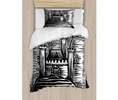 Woodcut Medieval Fortress Duvet Cover Set