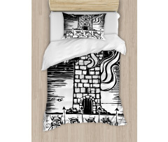 Woodcut Style Viking Tower Duvet Cover Set