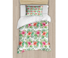 Hibiscus Monstera Palm Leaves Duvet Cover Set