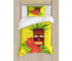 Tiki Mask and Exotic Hibiscus Duvet Cover Set