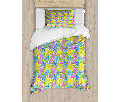 Watercolor Flower and Leaves Duvet Cover Set