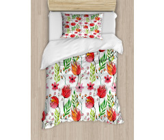 Scribbled Flowers and Leaves Duvet Cover Set