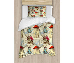 Sketchy Wind Mill and Clouds Duvet Cover Set