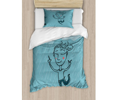 Hand Drawn Man Under the Rain Duvet Cover Set