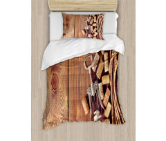 Wooden Table Wine Corks Duvet Cover Set