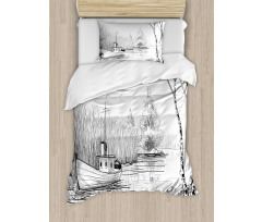 Black White Boat River Duvet Cover Set