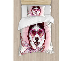 Hipster Husky Dog Hearts Duvet Cover Set