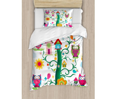 Owls on Tree with Dots Duvet Cover Set