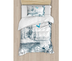 Boat on River Drawing Duvet Cover Set