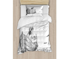 Fisherman on Boat Sketch Duvet Cover Set