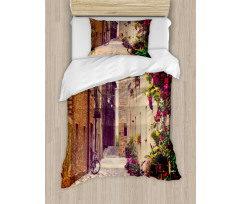 Street in Italy Flowers Duvet Cover Set