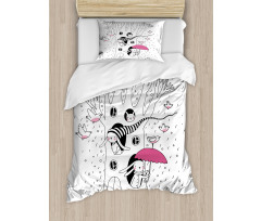 Birds Rabbits Tree Rainy Duvet Cover Set