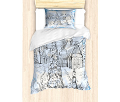 Sketchy Cold Snowy Scene Duvet Cover Set