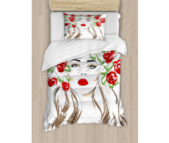 Lady with Floral Ornament Duvet Cover Set