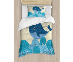 Smiley Whale and Lines Duvet Cover Set