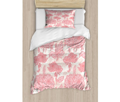 Pink Flowers and Leaves Duvet Cover Set
