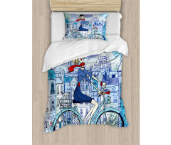 Woman on Bicycle with Cat Duvet Cover Set