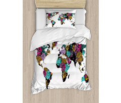 World Map Flowers Duvet Cover Set