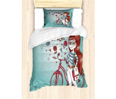 Girl with Bike Duvet Cover Set