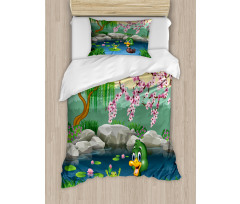 Duck and Frog in a Lake Duvet Cover Set