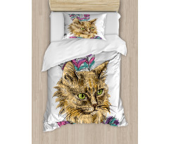 Cat with Colorful Feathers Duvet Cover Set