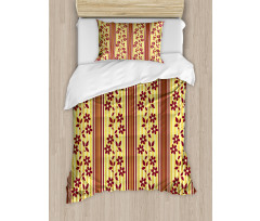 Red Flowers on Stripes Duvet Cover Set