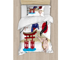 Japanese Woman and Building Duvet Cover Set