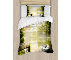 Boat by Foggy Lake Deck Duvet Cover Set