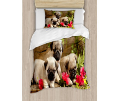 Sibling Puppies Flowers Duvet Cover Set