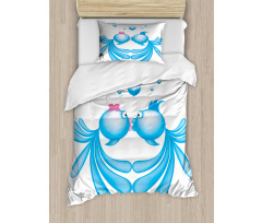 Blue Cartoon Fishes Heart Duvet Cover Set