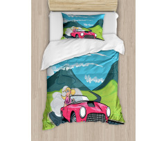 Blonde Girl Drives on Road Duvet Cover Set