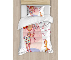 Cartoon Girl and Cat Duvet Cover Set