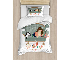 Sleeping Girl with Cat Duvet Cover Set