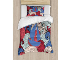 Blue Boat Silhouette Duvet Cover Set