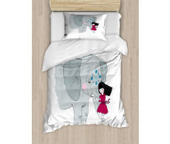 Girl on Trunk of Elephant Duvet Cover Set