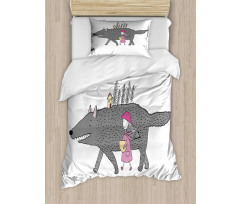 Girl with a Giant Wolf Duvet Cover Set