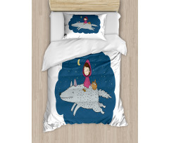 Cartoon Girl on Giant Wolf Duvet Cover Set