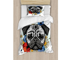 Dog Sketch with Flowers Duvet Cover Set