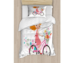 Happy Girl on Bike Flowers Duvet Cover Set