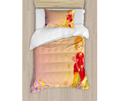 Smiling Girl Autumn Fall Duvet Cover Set