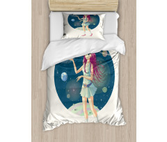 Girl with Stars in Space Duvet Cover Set
