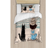 Baby Girl with a Cat Duvet Cover Set
