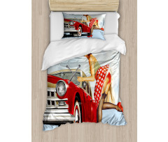 Lady Fixing the Car Duvet Cover Set