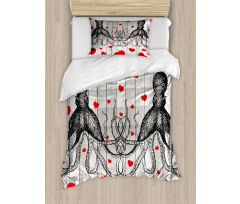 Octopus Sketch and Hearts Duvet Cover Set