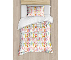 Colorful Rabbits Pink Hearts Duvet Cover Set