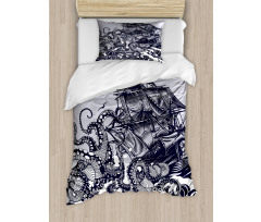 Octopus and Ship in Storm Duvet Cover Set